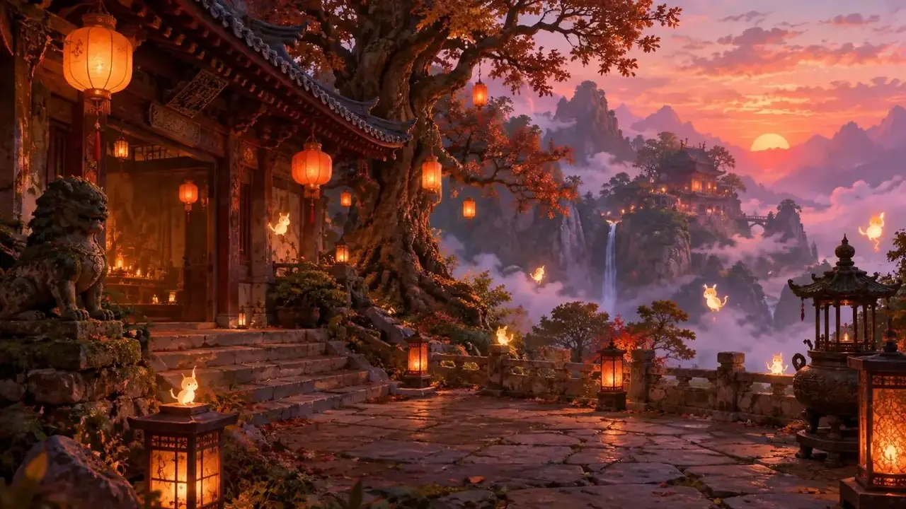 黄果漫剧短剧《满院小妖都喊我师叔》详情页主视觉背景，奇幻 · 喜剧题材